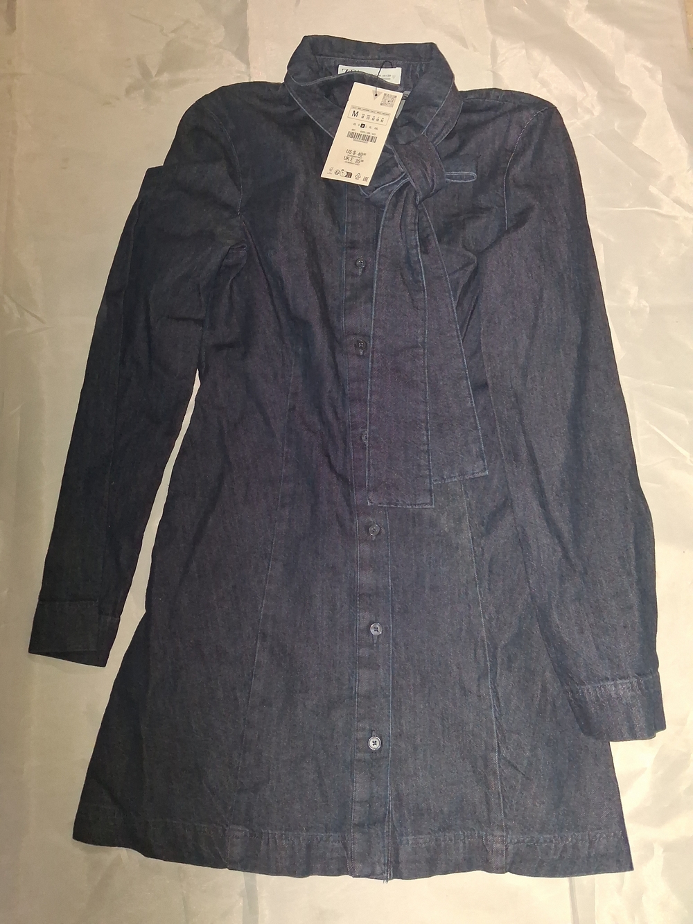 Zara Black Mini Shirt Dress with Tie-Neck - Picture 2 of 3